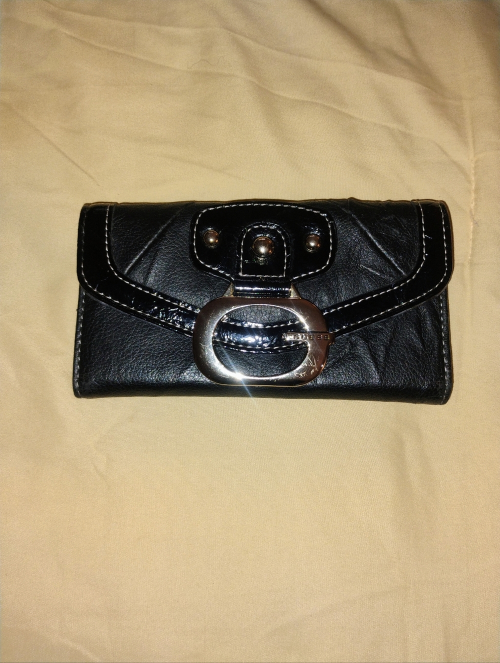 Guess Black Leather Wallet with Silver Buckle Accent